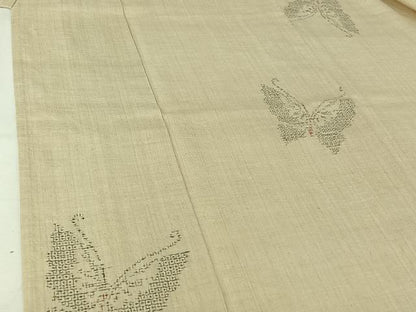 平和屋着物▽結城紬　単衣　80亀甲　舞蝶文　正絹　逸品　AABI6981jh