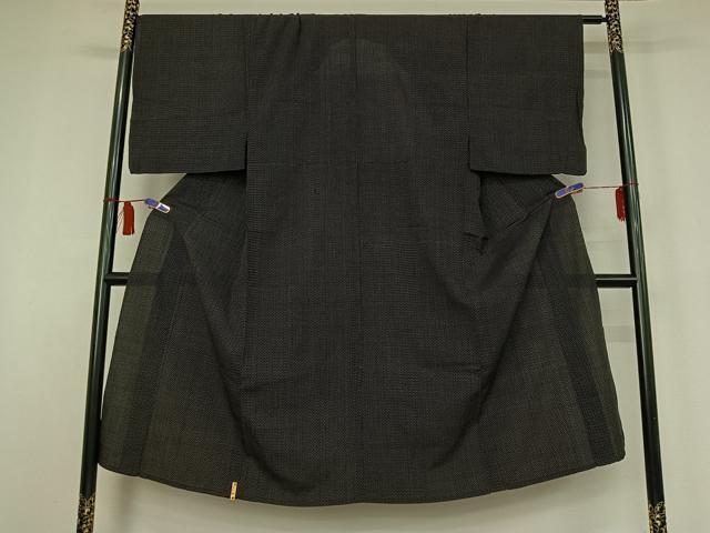 平和屋着物▽男性　紬　単衣　蚊絣　黒地　正絹　逸品　AABI6985jh