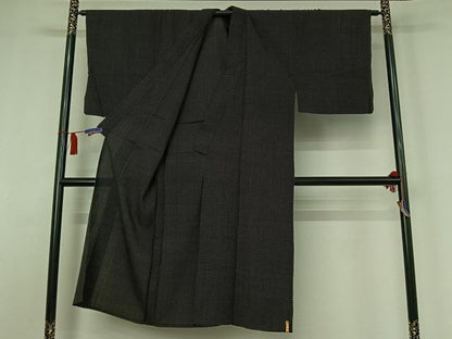 平和屋着物▽男性　紬　単衣　蚊絣　黒地　正絹　逸品　AABI6985jh