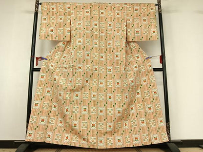 平和屋着物▽上質な紬　単衣　遠州椿　正絹　逸品　AABI6986jh