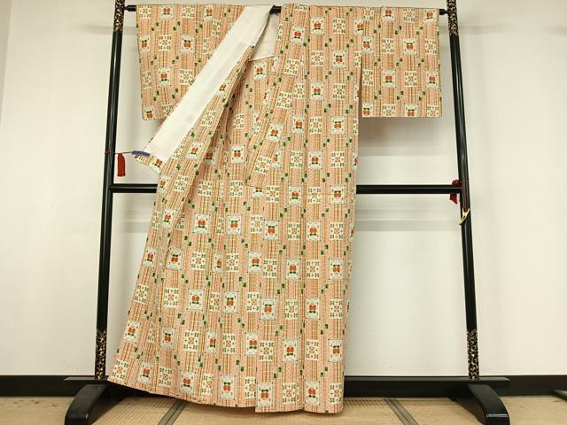 平和屋着物▽上質な紬　単衣　遠州椿　正絹　逸品　AABI6986jh
