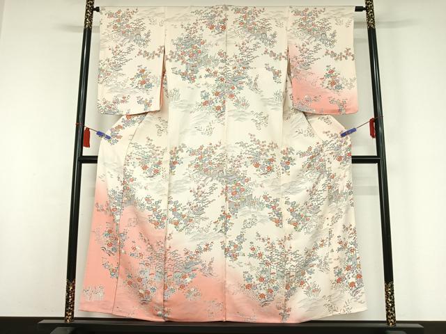平和屋着物▽訪問着　単衣　風景御所車花文　暈し染め　正絹　逸品　AABI6990jh