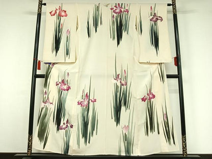 平和屋着物▽訪問着　単衣　手描き　燕子花　金彩　正絹　逸品　AABI6991jh