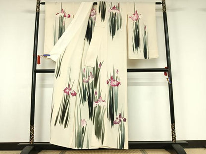 平和屋着物▽訪問着　単衣　手描き　燕子花　金彩　正絹　逸品　AABI6991jh