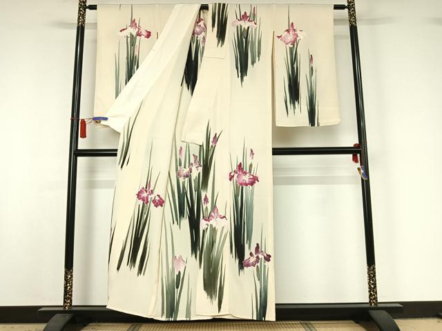 平和屋着物▽訪問着　単衣　手描き　燕子花　金彩　正絹　逸品　AABI6991jh