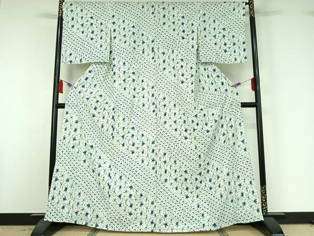平和屋着物▽小紋　単衣　麻の葉文様　洗える着物　AABI6992jh