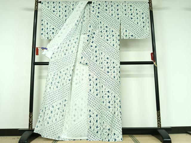平和屋着物▽小紋　単衣　麻の葉文様　洗える着物　AABI6992jh