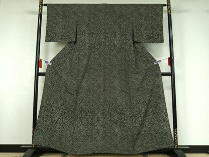 平和屋着物▽上質な小紋　単衣　芝文　黒地　正絹　逸品　AABI6993jh