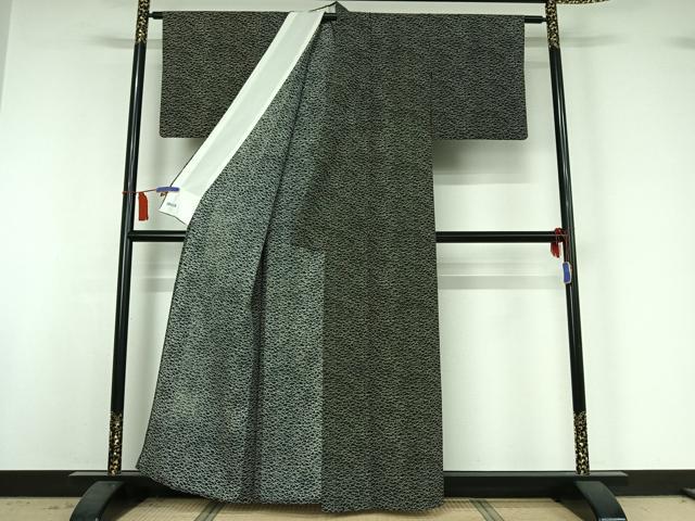 平和屋着物▽上質な小紋　単衣　芝文　黒地　正絹　逸品　AABI6993jh