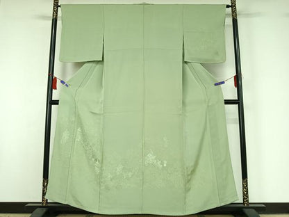 平和屋着物▽無地絵羽訪問着　単衣　風景人物地紋　若葉色　正絹　逸品　AABI6995jh