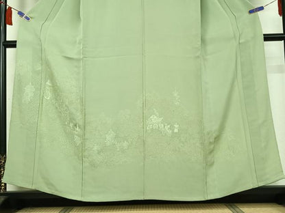 平和屋着物▽無地絵羽訪問着　単衣　風景人物地紋　若葉色　正絹　逸品　AABI6995jh