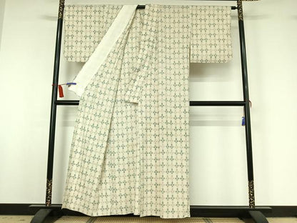 平和屋着物▽本塩沢　単衣　幾何学文様　正絹　逸品　AABI7001jh