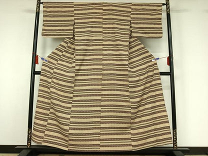 平和屋着物▽本塩沢　単衣　横段文　正絹　逸品　AABI7002jh