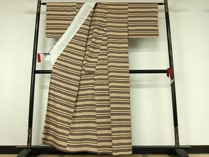 平和屋着物▽本塩沢　単衣　横段文　正絹　逸品　AABI7002jh