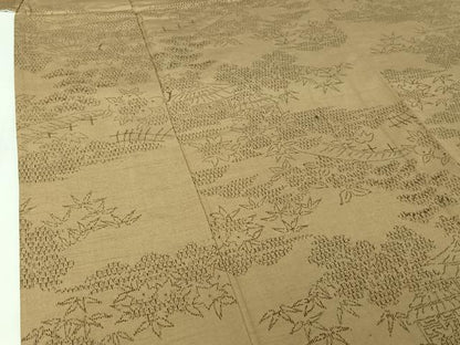 平和屋着物▽上質な紬　単衣　彩華織　風景花文　証紙付き　正絹　逸品　AABI7004jh