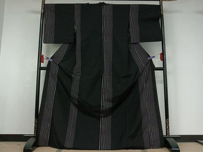 平和屋着物▽上質な紬　単衣　縞　黒地　ロング丈　正絹　逸品　AABI7006jh