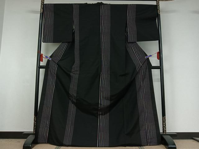 平和屋着物▽上質な紬　単衣　縞　黒地　ロング丈　正絹　逸品　AABI7006jh