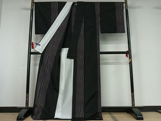 平和屋着物▽上質な紬　単衣　縞　黒地　ロング丈　正絹　逸品　AABI7006jh