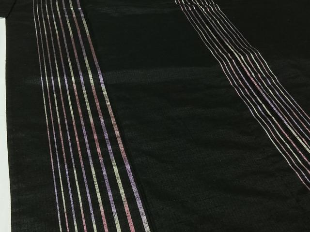 平和屋着物▽上質な紬　単衣　縞　黒地　ロング丈　正絹　逸品　AABI7006jh