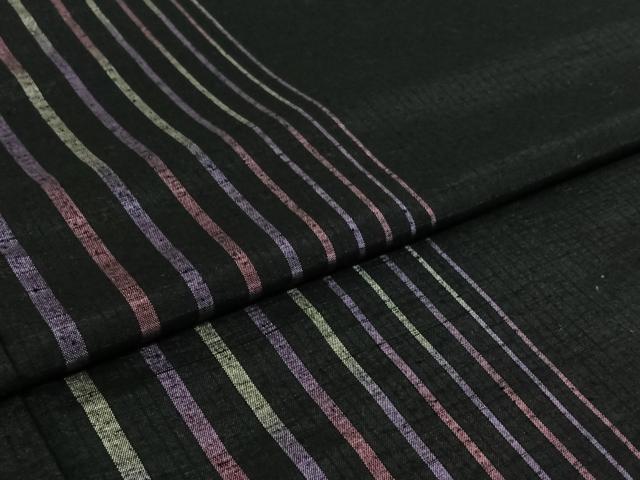 平和屋着物▽上質な紬　単衣　縞　黒地　ロング丈　正絹　逸品　AABI7006jh