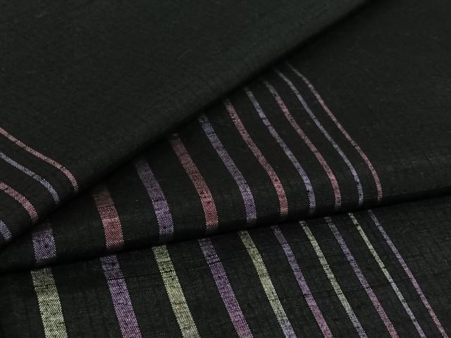 平和屋着物▽上質な紬　単衣　縞　黒地　ロング丈　正絹　逸品　AABI7006jh