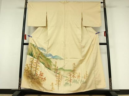 平和屋着物▽訪問着　単衣　お召地　作家物　手描き　風景文　正絹　逸品　AABI7011jh
