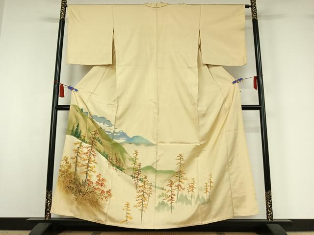 平和屋着物▽訪問着　単衣　お召地　作家物　手描き　風景文　正絹　逸品　AABI7011jh