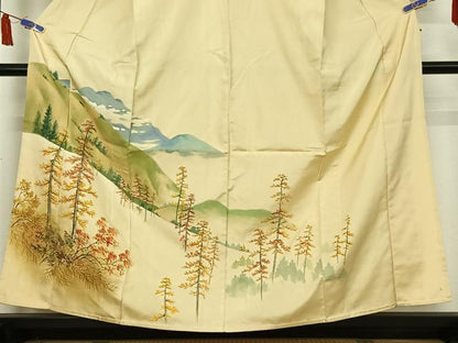 平和屋着物▽訪問着　単衣　お召地　作家物　手描き　風景文　正絹　逸品　AABI7011jh