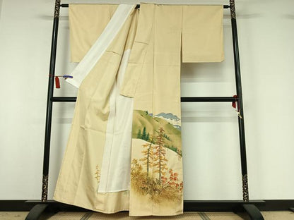 平和屋着物▽訪問着　単衣　お召地　作家物　手描き　風景文　正絹　逸品　AABI7011jh