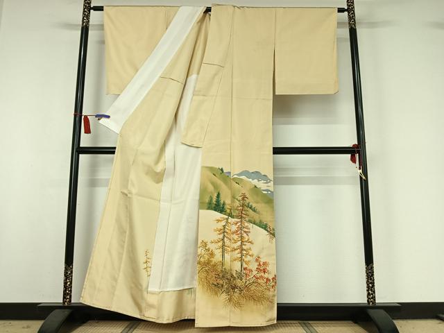 平和屋着物▽訪問着　単衣　お召地　作家物　手描き　風景文　正絹　逸品　AABI7011jh