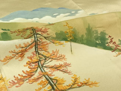 平和屋着物▽訪問着　単衣　お召地　作家物　手描き　風景文　正絹　逸品　AABI7011jh