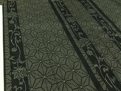 平和屋着物▽上質な紬　単衣　麻の葉文様　黒地　正絹　逸品　AABI7012jh