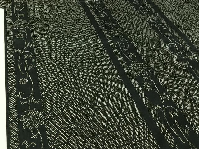 平和屋着物▽上質な紬　単衣　麻の葉文様　黒地　正絹　逸品　AABI7012jh
