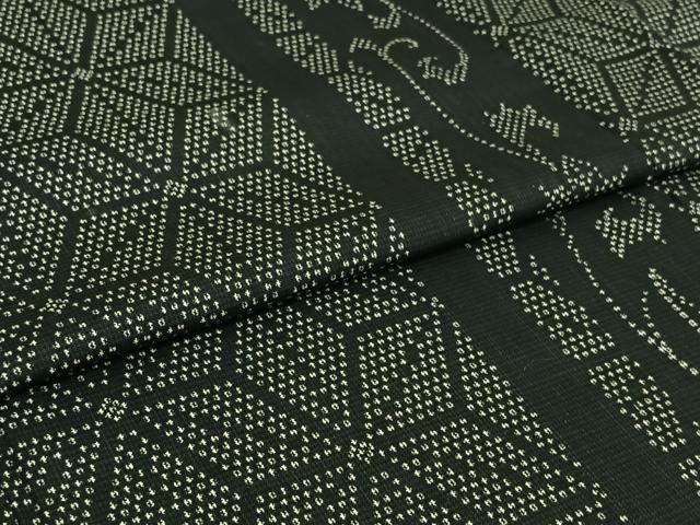 平和屋着物▽上質な紬　単衣　麻の葉文様　黒地　正絹　逸品　AABI7012jh