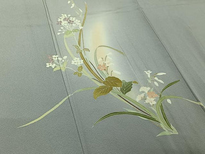 平和屋着物▽訪問着　単衣　草花文　正絹　逸品　AABI7014jh
