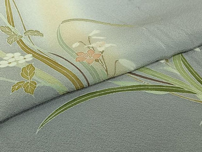 平和屋着物▽訪問着　単衣　草花文　正絹　逸品　AABI7014jh