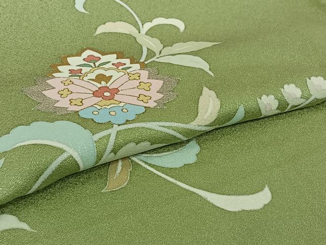 平和屋着物▽訪問着　単衣　更紗花文　金銀彩　正絹　逸品　AABI7019jh
