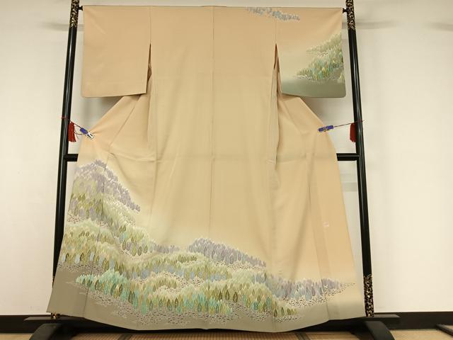 平和屋着物▽訪問着　単衣　友禅　作家物　樹林文　暈し染め　正絹　逸品　AABI7021jh