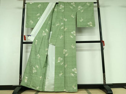 平和屋着物▽上質な紬　単衣　枝花文　正絹　逸品　AABI7024jh