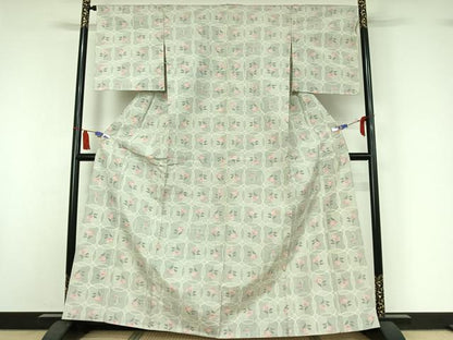 平和屋着物▽上質な紬　単衣　草花文　正絹　逸品　AABI7025jh