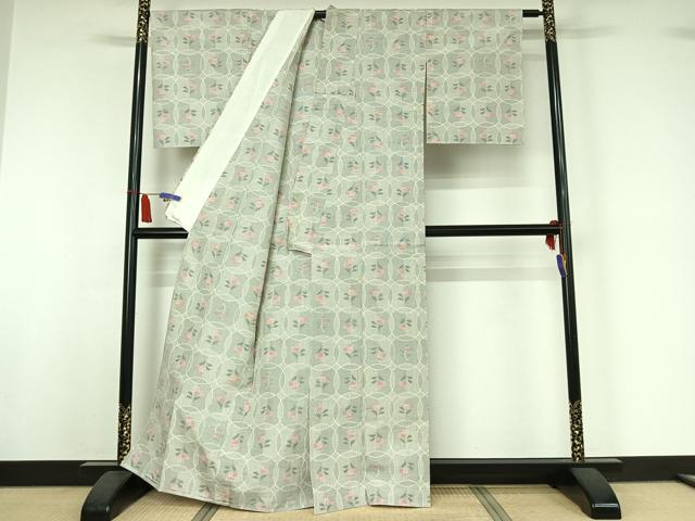 平和屋着物▽上質な紬　単衣　草花文　正絹　逸品　AABI7025jh