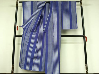 平和屋着物▽アンティーク　大正ロマン　紬　単衣　縞　正絹　逸品　AABI7028jh