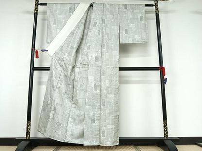 平和屋着物▽上質な紬　単衣　幾何学文様　正絹　逸品　AABI7034jh