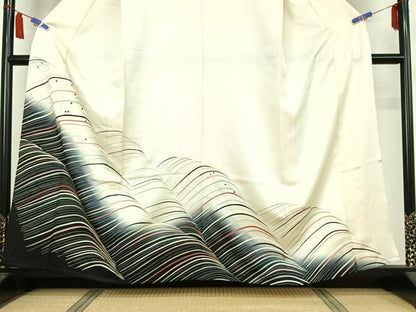 平和屋着物▽訪問着　単衣　流水文　暈し染め　銀彩　正絹　逸品　AABI7035jh