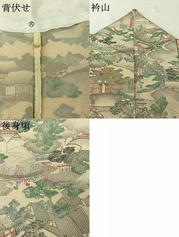平和屋着物▽上質な小紋　単衣　手描き　人物風景文　鬼しぼ縮緬　正絹　逸品　AABI7047jh