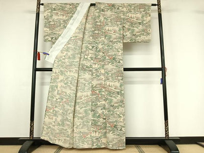 平和屋着物▽上質な小紋　単衣　手描き　人物風景文　鬼しぼ縮緬　正絹　逸品　AABI7047jh