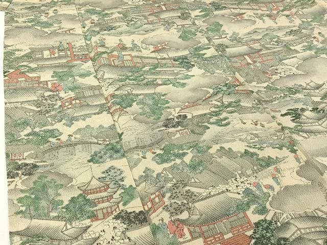 平和屋着物▽上質な小紋　単衣　手描き　人物風景文　鬼しぼ縮緬　正絹　逸品　AABI7047jh