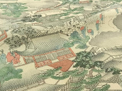 平和屋着物▽上質な小紋　単衣　手描き　人物風景文　鬼しぼ縮緬　正絹　逸品　AABI7047jh