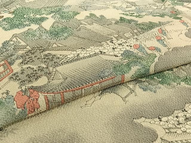 平和屋着物▽上質な小紋　単衣　手描き　人物風景文　鬼しぼ縮緬　正絹　逸品　AABI7047jh