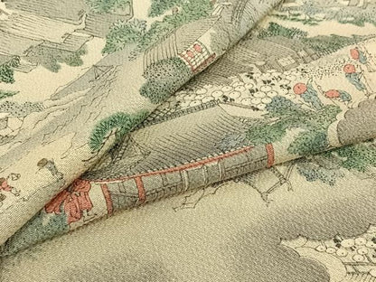 平和屋着物▽上質な小紋　単衣　手描き　人物風景文　鬼しぼ縮緬　正絹　逸品　AABI7047jh